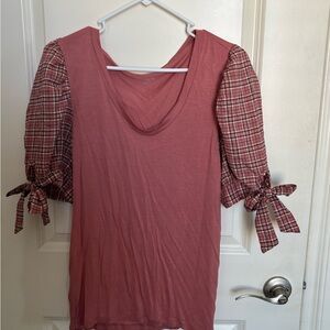 LOFT Pink Top with Plaid Sleeves